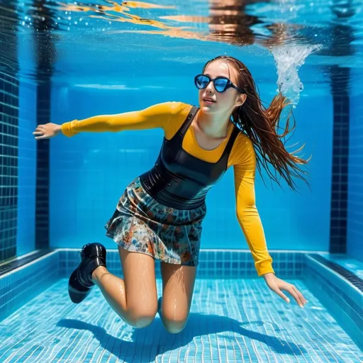 Prompt: photo of young woman, soaking wet clothes, rubber boots, mini skirt, crop top,  , swimming pool,  underwater,   enjoying, water dripping from clothes, clothes stuck to body,  detailed textures of the wet fabric, wet face, wet plastered hair,  wet, drenched, professional, high-quality details, full body view 