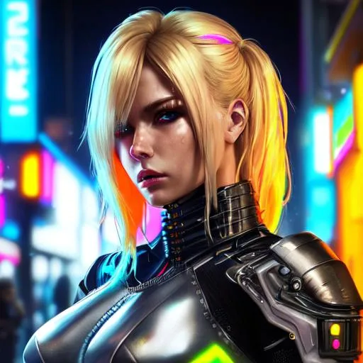 Prompt: UHD, , 8k, high quality, neon lighting, cyberpunk, hyper realism, Very detailed,  clear visible face, blonde female futuristic assassin, she is wearing a armor plated suit, she is standing in a city street