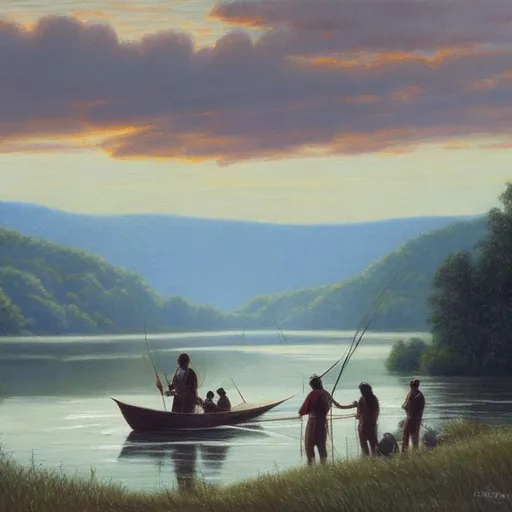 Prompt: A genre painting of ancient Native Americans bow fishing in the distance going down the Ohio river pastel painting