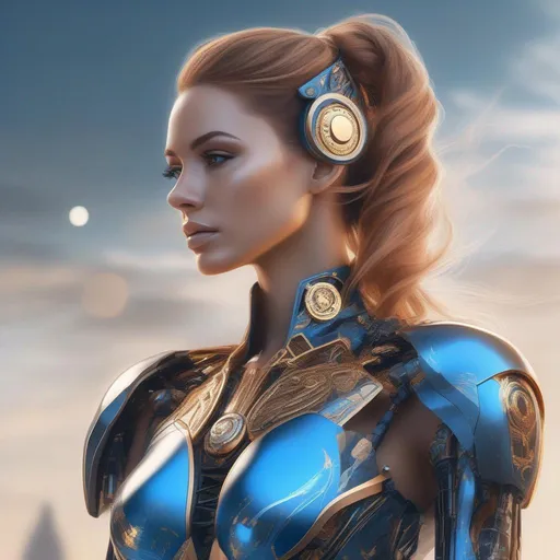 Prompt: Upper body portrait of a beautiful female cyborg, realistic proportions, correct proportions, astrology, celestial symbolism, detailed blue, black, gold, copper, jade tinted