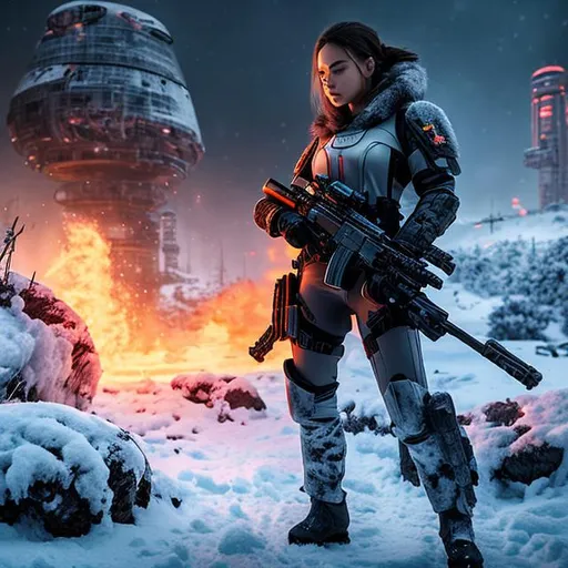 Prompt: create beautiful fictional female elite space soldier in winter who is covered in blood and battle-scarred from war, explosion in background extremely, detailed environment, detailed background, intricate, detailed skin, natural colors , professionally color graded, photorealism, 8k, moody lighting


