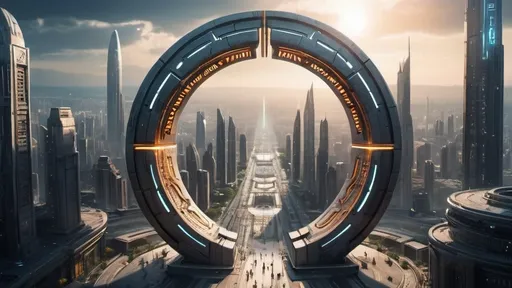 Prompt: circular stargate, gateway between worlds, interdimensional portal, ring, disc, ring standing on edge, city plaza, futuristic cyberpunk, panoramic view