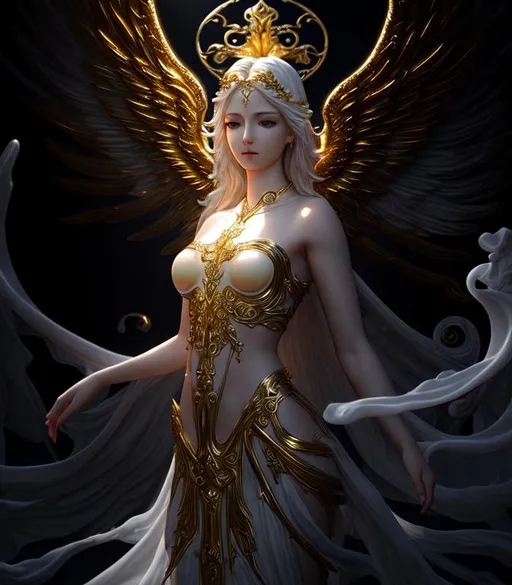 Prompt: Holy, Radiant, Majestic, 3D, HD, Cinematic lighting, (Beautiful {biblical angel}Female, {liquid}gold silver jade ivory sapphire), expansive heavenly background beautiful dark chaos, hyper realistic, 8K --s98500