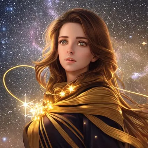 Prompt: A high quality woman with brown hair and hazel eyes with a photo realistic face surrounded by stars a golden glowing string with a light breeze blowing, fantasy, science fiction, beautiful, 