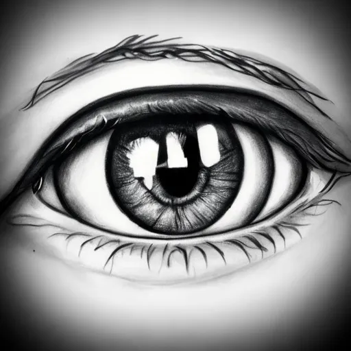Prompt: A drawn human eye with a light blue pupil in black and white