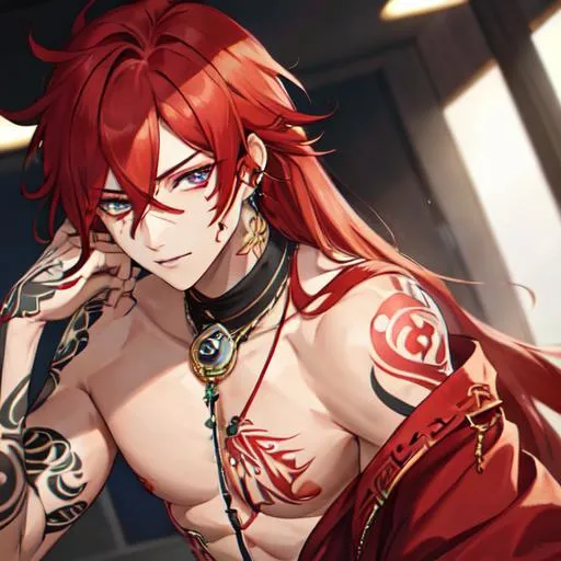 Prompt: Zerif 1male (Red hair covering his right eye) with tattoos

