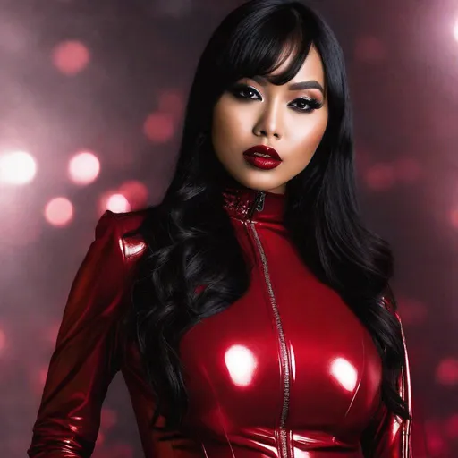Prompt: pretty young Indonesian woman, 25 year old, (round face, high cheekbones, almond-shaped brown eyes, epicanthic fold, small delicate nose), red latex outfit, posing for a picture, active pose, character portrait by Luma Rouge, featured on cg society, gothic art, gothic, goth, shiny