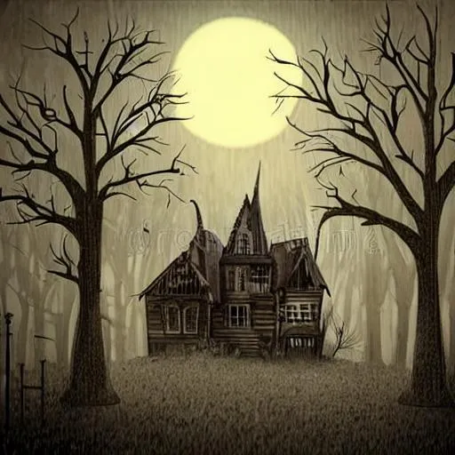 Prompt: Old wooden grungy dark evil haunted house with evil spirits with full moon cold fog atmosphere and trees illustration, Intricate, Symmetrical, highfantasy
