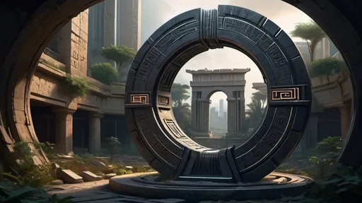 Prompt: magical portal between cities realms worlds kingdoms, circular portal, ring standing on edge, upright ring, freestanding ring, hieroglyphs on ring, complete ring, ancient babylonian architecture, gardens, ruins, turned sideways view, futuristic cyberpunk tech-noir setting