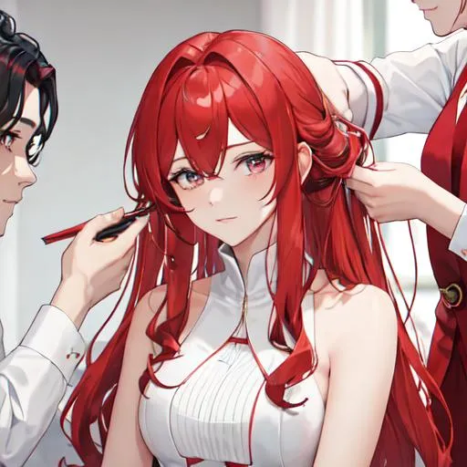 Prompt: Zerif 1male (Red side-swept hair covering his right eye) helping Haley get ready for a wedding, 4k