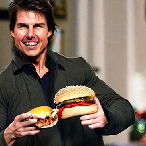 Prompt: Tom Cruise Eating a Cheeseburger and a cat is looking him