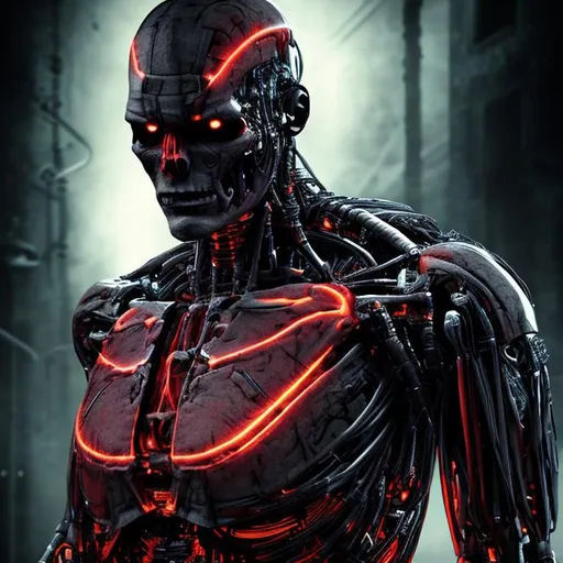 Prompt: ALMOST HUMAN flesh cyborg dark theme robotic background dark world