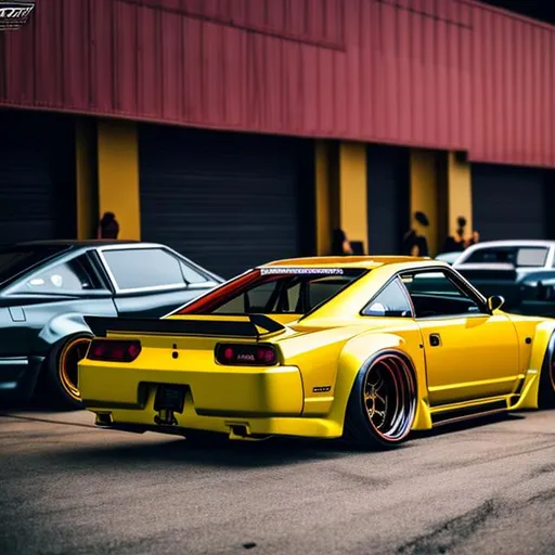 Prompt: 4k resolution, HDR pictures, masterpiece, high resolution, highly detailed pictures, high quality pictures, a yellow drift 240sx, modified, slammed body, camber wheel, from side, city