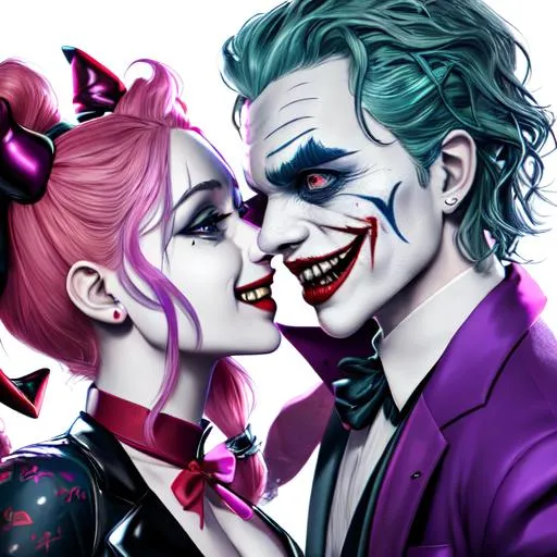Prompt: (((masterpiece))), (((full body))), ((best quality)), hyper quality, ((HIGHEST RESOLUTION)), refined rendering, extremely detailed CG unity 8k wallpaper, highly detailed, (super fine illustration), highres, (ultra-detailed), detailed face, perfect face, (((DC COMIC BEAUTIFUL HARLEY QUINN AND THE JOKER HAVING FUN))), stunning art, best aesthetic, twitter artist, amazing, high resolution, fine fabric emphasis, UHD