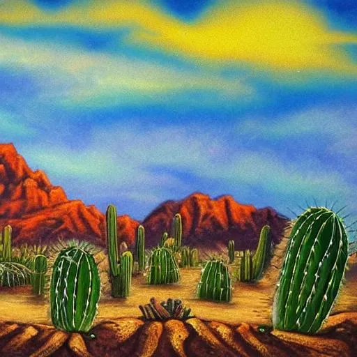 Prompt: realistic cactus desert landscape painting





