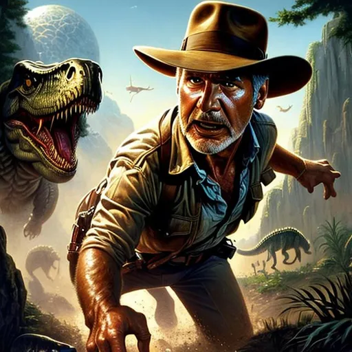 Prompt: ultra realistic illustration, incredibly detailed Harrison Ford face, Indiana Jones being chased by a T-Rex, intricate, elegant, highly detailed, digital painting, artstation, concept art, smooth, sharp focus, illustration, art by artgerm and greg rutkowski and drew struzan