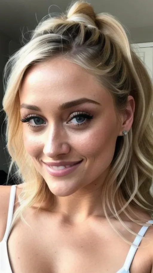 Prompt: Olivia Taylor Dudley, wonderful face, very detailed face, extremely detailed face, highly detailed face, soft smile, sitting on bed, eye-contact, sweet smile, skin highlights, hair highlights, cleavage, perfect face, perfect eyes, perfect teeth, perfect body, perfect anatomy, beautiful body, trending on instagram, trending on tiktok, Flickr, trending on artstation, trending on cgsociety, white sclera, photorealistic, masterpiece, cinematic, 16k artistic photography, epic, drama, romance, glamour, beauty, cinematic lighting, dramatic lighting, insanely detailed, soft natural volumetric cinematic lighting, award-winning photography, rendering, hd, high definition, highly detailed, 