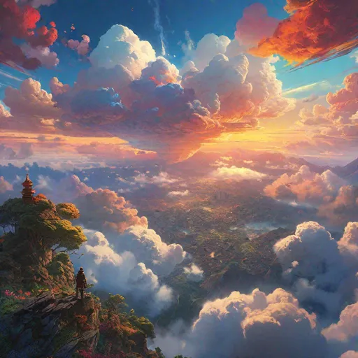 Prompt: "Photorealistic epic clouds!! Above the clouds, intricate hyper-detailed digital illustration by Yoshitaka Amano, Ismail Inceoglu, Hayao Miyazaki, Erin Hanson, and Gazelli, a masterpiece, 8K resolution, trending on Artstation, photo realism, deep vibrant colours, peaceful cinematic atmosphere. Clouds at sunset."
"detailed matte painting, deep color, fantastical, intricate detail, splash screen, complementary colors, fantasy concept art, 8k resolution trending on Artstation Unreal Engine 5. Clouds"