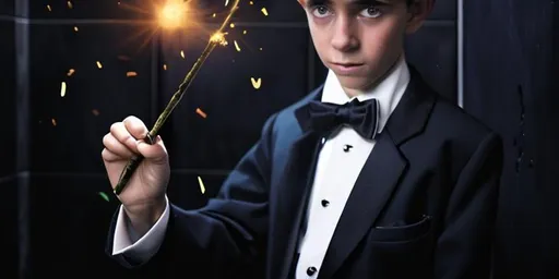 Prompt: 13 year old boy in a tuxedo casting a crazy magic spell from the outside of a bathroom stall with his magic wand, but the spell he cast happens on the inside of the bathroom stall because he cast the spell on the inside 