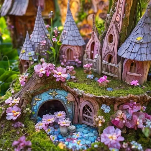 Prompt: small pink flowers growing over a fairy garden, style of Josephine Wall