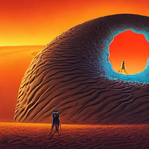 Prompt: 4k, high res, digital art, style of android jones, style of H R Geiger,  of a small frightened neon alien, alone, standing by a big hole, giant black hole, cylinder hole in the middle of the desert, sandworm, Dune, ominous, middle of the desert, dark sky, blue moon, shadowed obelisks, alien plant life, small fluorescent scorpions sparsely scattered on the ground, symmetrical, geometric patterns, cyberpunk color scheme, cyberpunk tech, creepy, psychedelic, tentacles, stark bold lines, angular, mirrored right to left