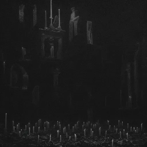 Prompt: High quality artwork for a black metal album. Elegy for the Dead Silent Remains. dead priests praying around the abandoned catacomb. surrounded by candles.