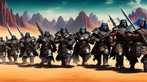 Prompt: Group of Orcs going to war, Desert landscape, Tribe of the Black Suns, Pathfinder, Insanely Detailed, Hyper Detailed, Intricately detailed, Dungeons & Dragons, Fantasy, Wicked Blades, Angry, Tribal