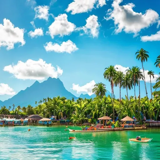 Prompt:  a stunning tropical island paradise. The bright blue sky is dotted with white clouds, and in the background are majestic mountains. In the foreground lies a beautiful body of water, filled with boats and birds swimming around. On either side of this tranquil scene are tall palm trees that reach up to the sky, providing an idyllic backdrop for this picturesque landscape. Further along on one side is a building with a triangular roof, adding another layer of interest to the composition. This painting-like image provides an escape from reality into a world of relaxation and beauty 