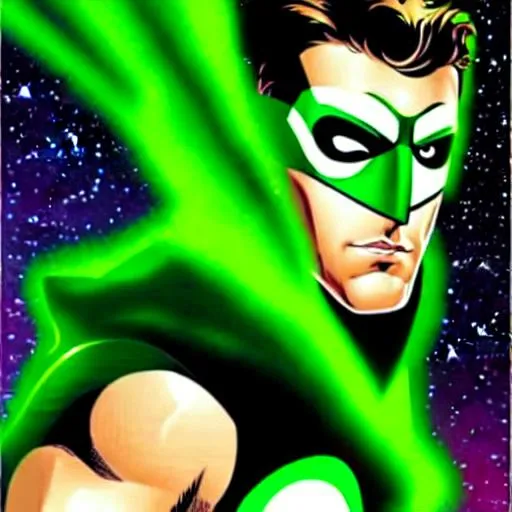Prompt: Hal Jordan Ryan Reynolds Inspired, Green-Glowing-Cape floating in deep outer-space 