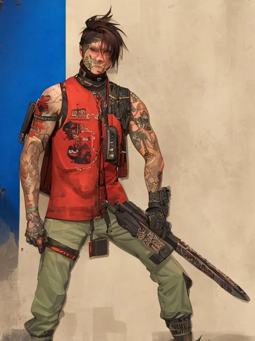 Prompt: Cyberpunk male with tattoos, strong apocalyptic, swords, guns, axes, anatomical, dark, gothic, mech, hazardous waste, green, blue, orange, emo, trees