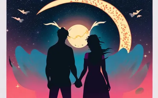 Prompt: Photo of Winged man and Fox-Eared woman holding hands, Moon Light, on a mountain peak, facing backwards, Night sky with big moon and stars