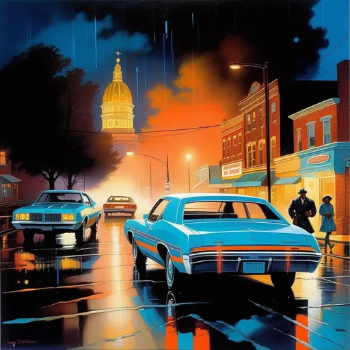 Prompt: 1970s, Baltimore at night, neon, car chase, rain, fog, cold blue atmosphere, cartoony style, extremely detailed painting by Greg Rutkowski and by Henry Justice Ford and by Steve Henderson