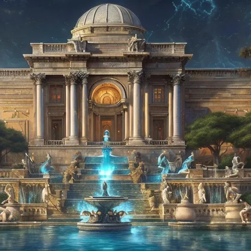 Prompt: a large building with a fountain in front of it, 2. 5 d cgi anime fantasy artwork, as an offering to zeus, inspired by Domenico Quaglio the Younger, by mark keathley, in their noble mansion, rendering of beauty pageant, videogame render, vektroid, art for the game, krenz cushart and artgerm, comic book:.2 | unreal engine:.3