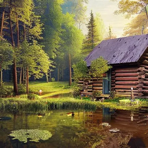 Prompt: A cartoon style log cabin in the woods with a pond in the style of Peder Mork Monsted