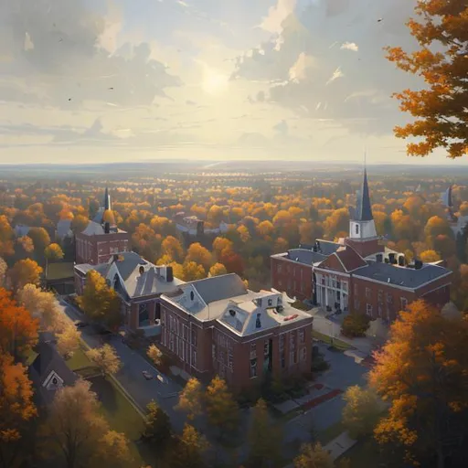 Prompt: bird's eye view of a beautiful painting of a small, sleepy New England town' High School Campus, by greg rutkowski, trending on artstation