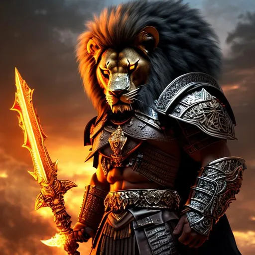 Prompt: barbarian, sci-fi armored, Mask, a fusion between a man and a lion, in temple background, {{holding sword}}