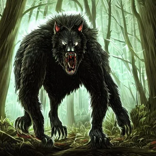 Prompt: A large werewolf with massive fangs in a dark forest at night  standing over a freshly killed monster 