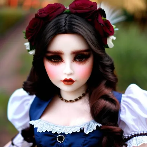 Prompt: An Mexican woman turned into a porcelain doll wearing a victorian dress.