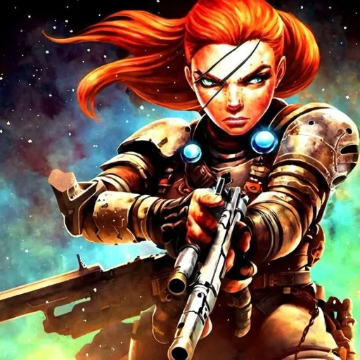 Prompt: A red head warrior girl shooting a blaster in a spacial adventure, with a scar on the left cheek and rage in her eyes