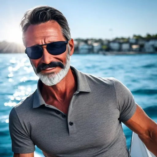 Prompt: A confident, fit, 45 year old, thin haired, grey bearded sailor looking magical and handsome wearing a black polo shirt and sun glasses
while pulling the anchor on a sailboat



