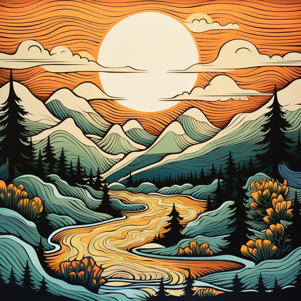 Prompt: river forest mountains, 2d wavy art