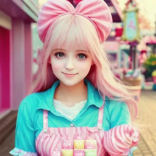 Prompt: soft look cute adorable girl 17 candy sugar pop candy land happy blush