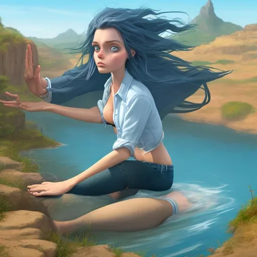 Prompt: Adult Mermaid with human legs,  on land , Wearing a blue jeans , White shirt with sleeves ,human anatomy , five fingers correctly , five toes correctly, full body view, positive thinking 