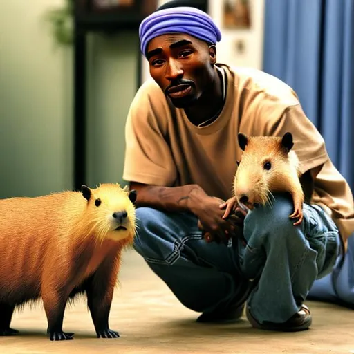 Prompt: tupac hugging a capybara 