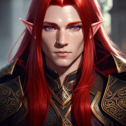 Prompt: male redhead elf, man elf, red hair, left eye scar, detailed face, elegant, mesmerizing , glorious, cinematic light, hd octane render, high resolution scan, masterpiece, hyperrealism, delicate detailed complex, sophisticated, vibrant colors, highly detailed, intricate detailed, volumetric lighting, light reflection, rpg style