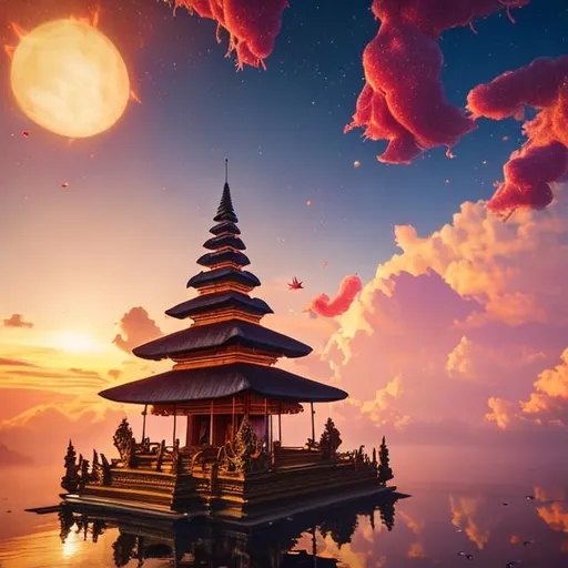 Prompt: (Fantasy)A breath taking view of a Balinese temple floating in the sunny sky surrounded by pink and gold cosmic space dust 