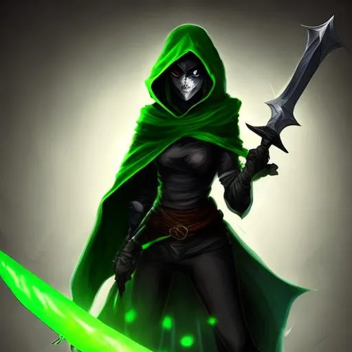 Prompt: female rogue thief character wearing green cloak::1.5 shadowed face and glowing eyes::1.5 air elemental::1.0 daggers imbued with wind::1.0 gothic style::1.0 dark lighting::1.0
dual sword