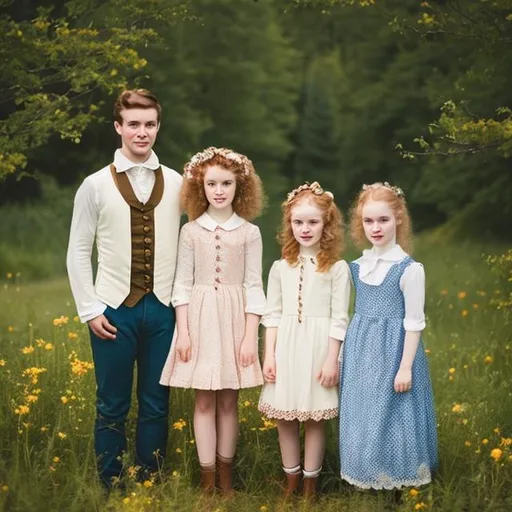 Prompt: Brown hair men with blue eyes, pale skin,and little girl, red curly hair,18th century cottagecore aesthetic
