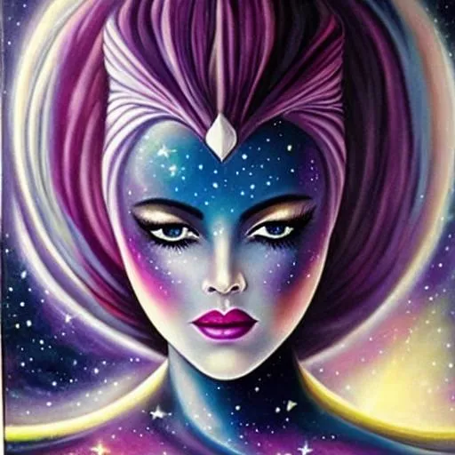 Prompt: Cosmic Epic Beautiful Nebula (Beautiful melancholy {goddess}female liquid satin}, Beautiful 