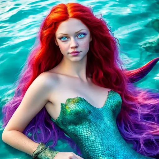 Prompt: professional photo disney mermaid as live action human woman hd hyper realistic beautiful red hair light skin blue eyes beautiful face purple shell top green mermaid tail enchanting
on the shore hd background with live action realistic fish